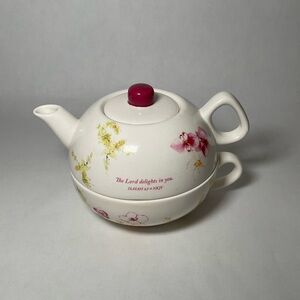 Dayspring Tea For One Nesting Teapot & Cup - Bible Verse The Lord Delights…